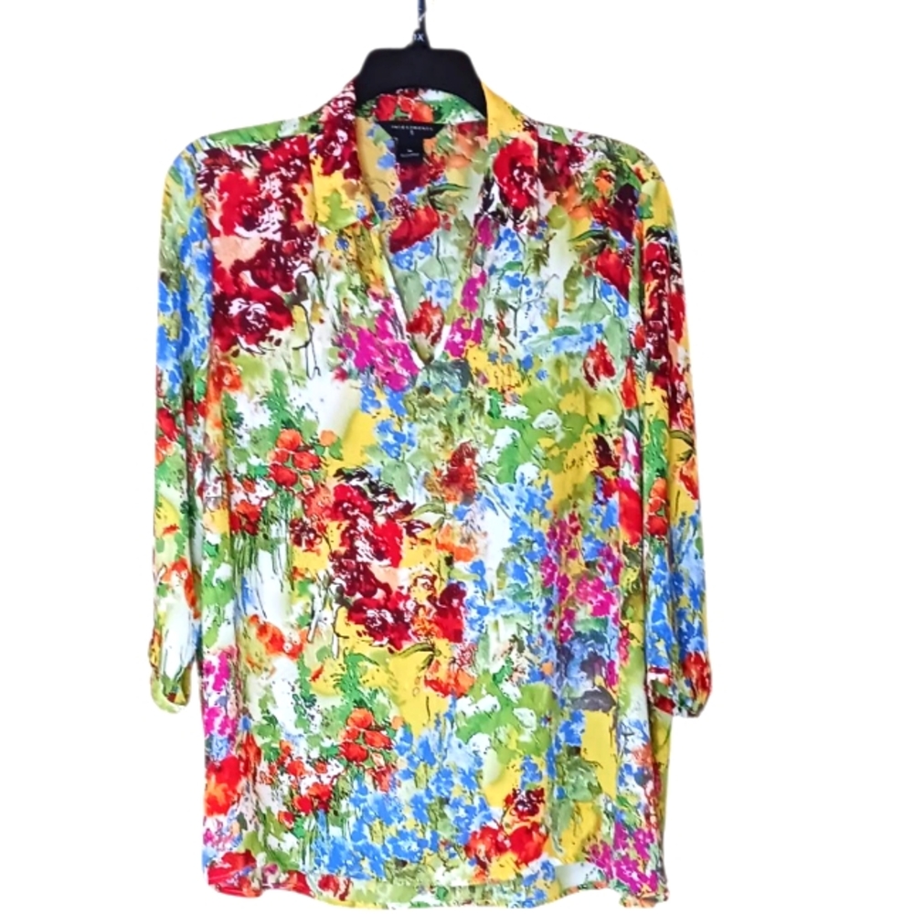 Investments II Women's Blouse Top Multicolor Floral Pullover V-neck W/Collar XL